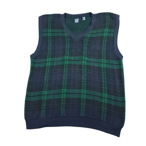 Gap Sweater Vest Mens L Vtg 80s V Neck Tennis Grandpa Black Watch Plaid Tartan